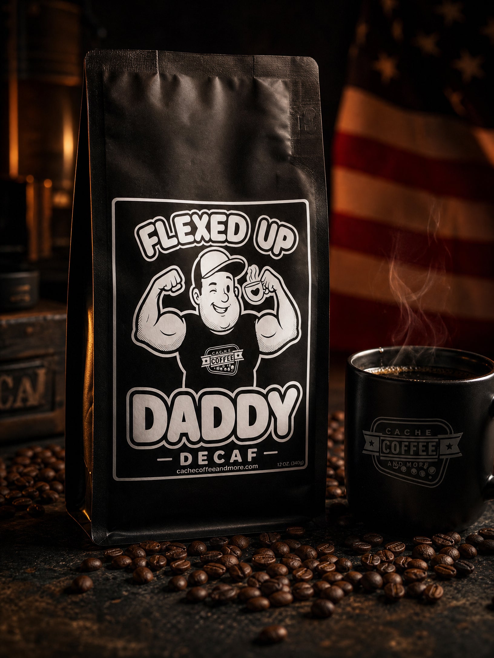 Flexed Up Daddy Decaf – Patriotic lifestyle shot with American flag and Cache Coffee mug