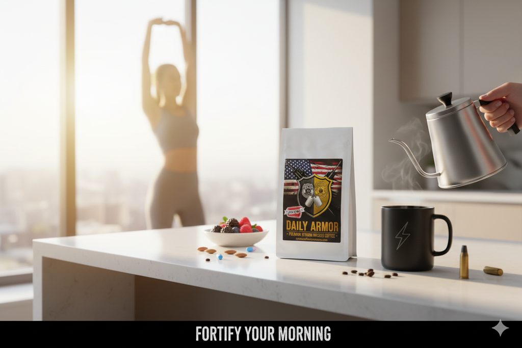 ARMOR Vitamin Coffee lifestyle scene with natural morning lighting