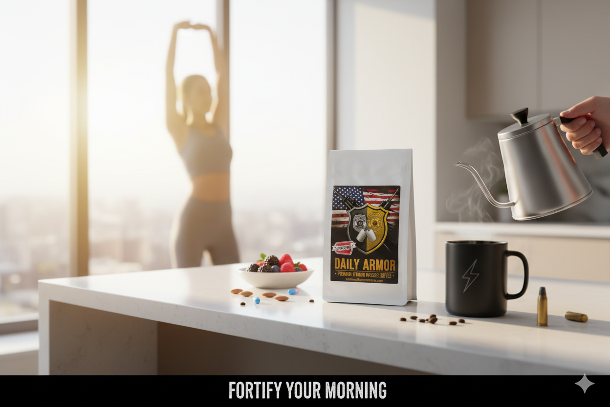 ARMOR Vitamin Coffee lifestyle scene with natural morning lighting