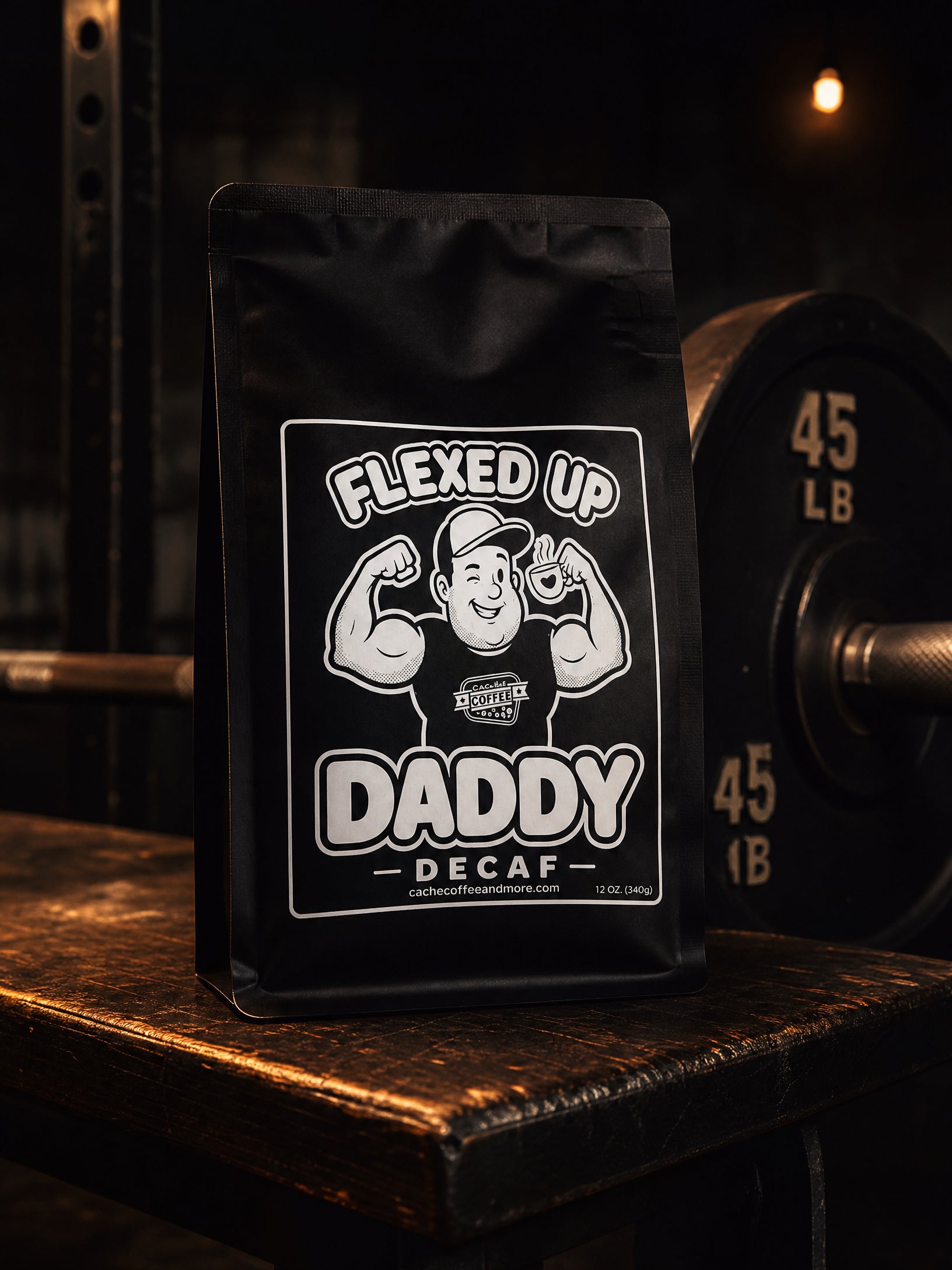 Flexed Up Daddy Decaf – Gym lifestyle shot with barbell weights